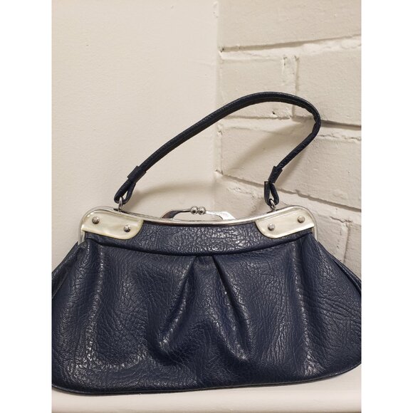 Navy Blue Top Handle Purse Pleated Vintage Purse - Picture 3 of 10